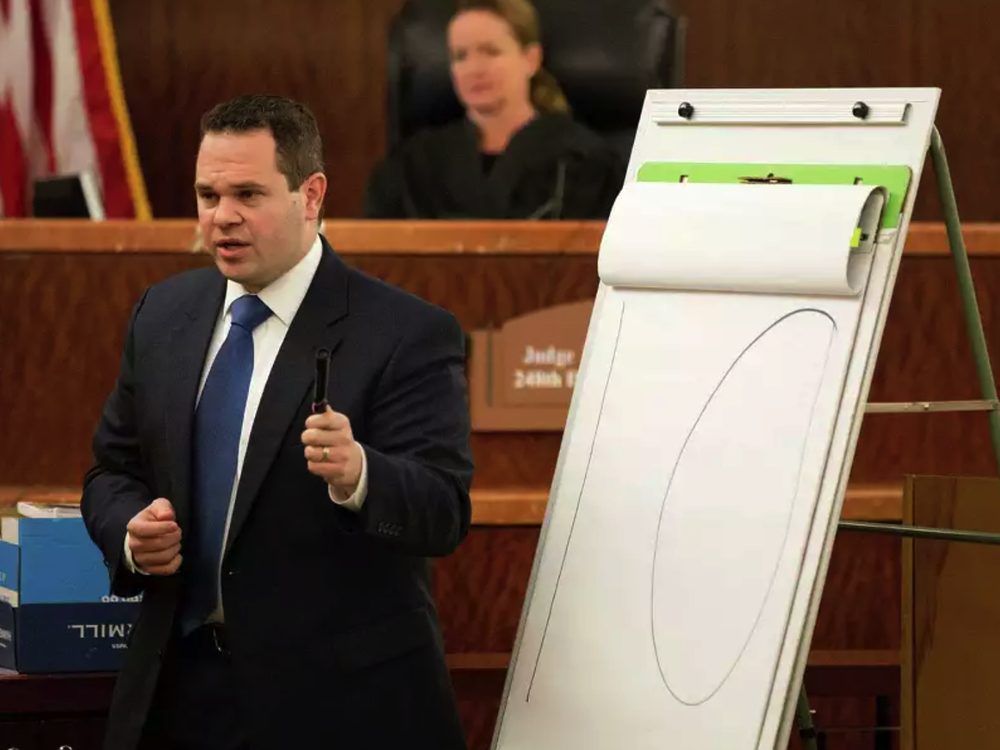 Justin Keiter arguing the State’s case at trial in the MD Anderson poisoning prosecution